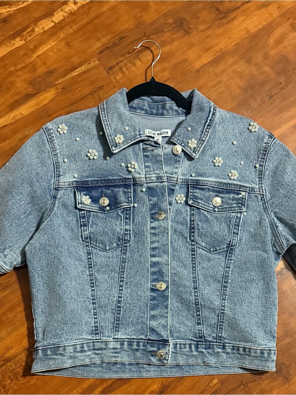 Steve Madden Denim Jacket with Pearl Cluster Embellishments - Light Blue
